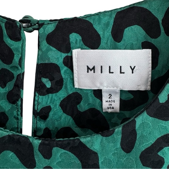 MILLY Melinda Short-Sleeve Leopard-Print Silk Shift Dress | Emerald Green Mini 2 - Picture 4 of 8